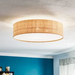 Plafón Leano, madera clara, ratán, Ø 50 cm