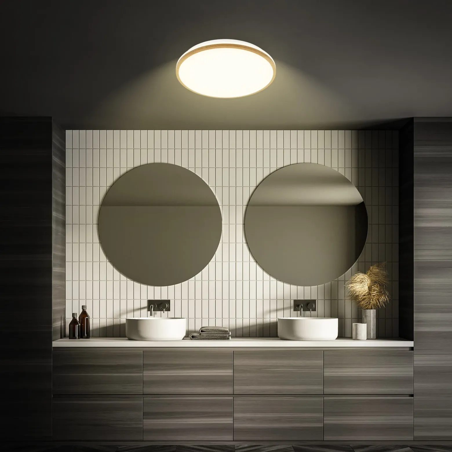 Plafón LED Acorus, Ø 33 cm, blanco/color madera, IP44