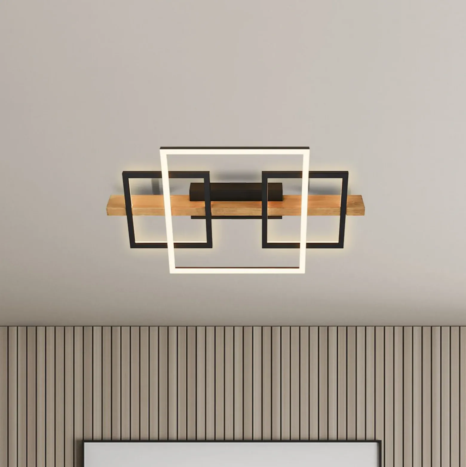 Plafón LED Cadre, 3000K, 55cm, negro, madera