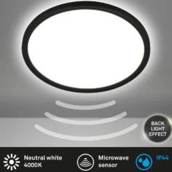 Plafón LED con sensor de movimiento, negro, Ø 29 cm, IP44, 4000K