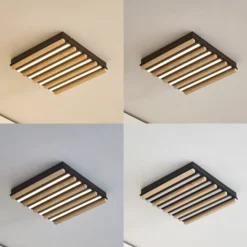 Plafón LED Firka de Lindby, blanco, madera, 42 cm, CCT, atenuable.