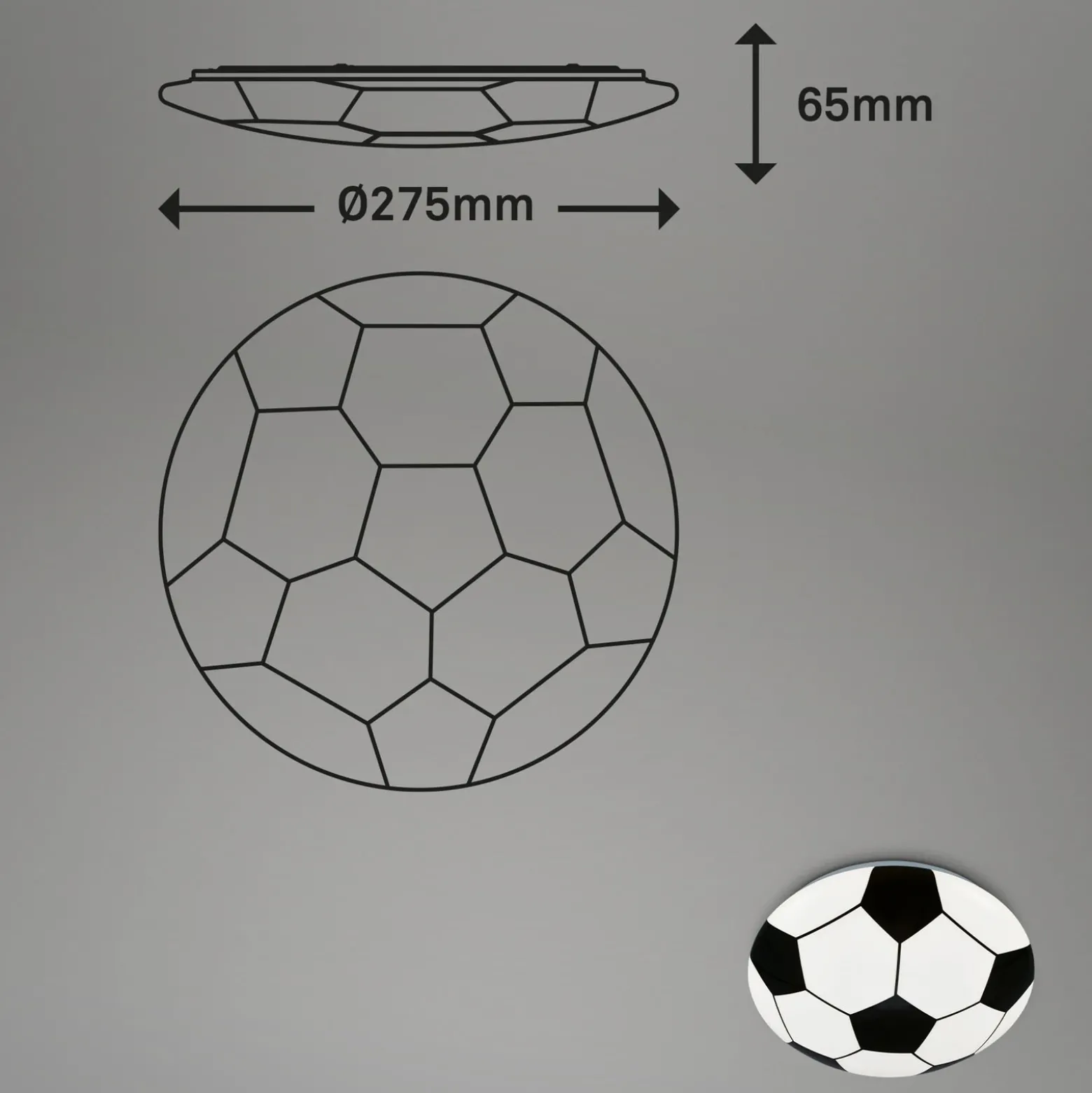 Plafón LED Fútbol, negro/blanco, Ø 27,5cm