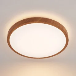 Plafón LED Lindby Mynte, Ø42 cm, aspecto de madera, plástico
