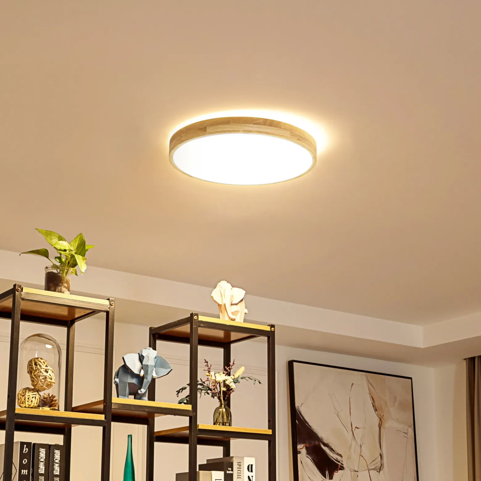 Plafón LED Lindby Smart Innes Madera Ø39cm RGB CCT Tuya