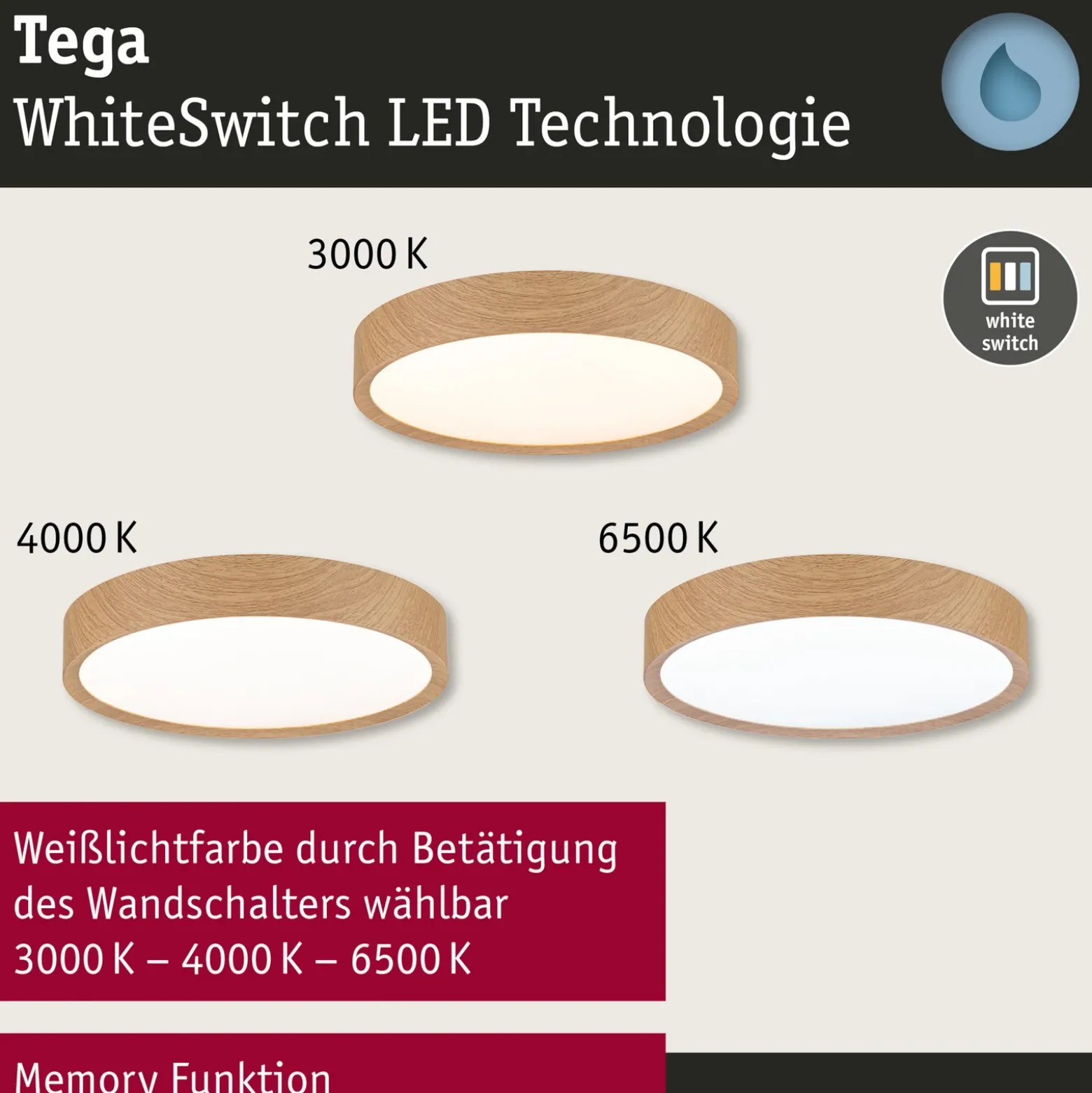 Plafón LED Paulmann Tega IP44 CCT madera