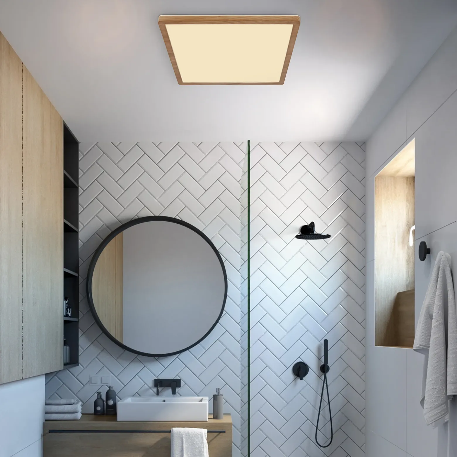 Plafón LED Sapana, longitud 29,5 cm, aspecto de madera