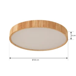 plafón LED Velua de Lindby, blanco/madera clara, CCT, Ø 50 cm