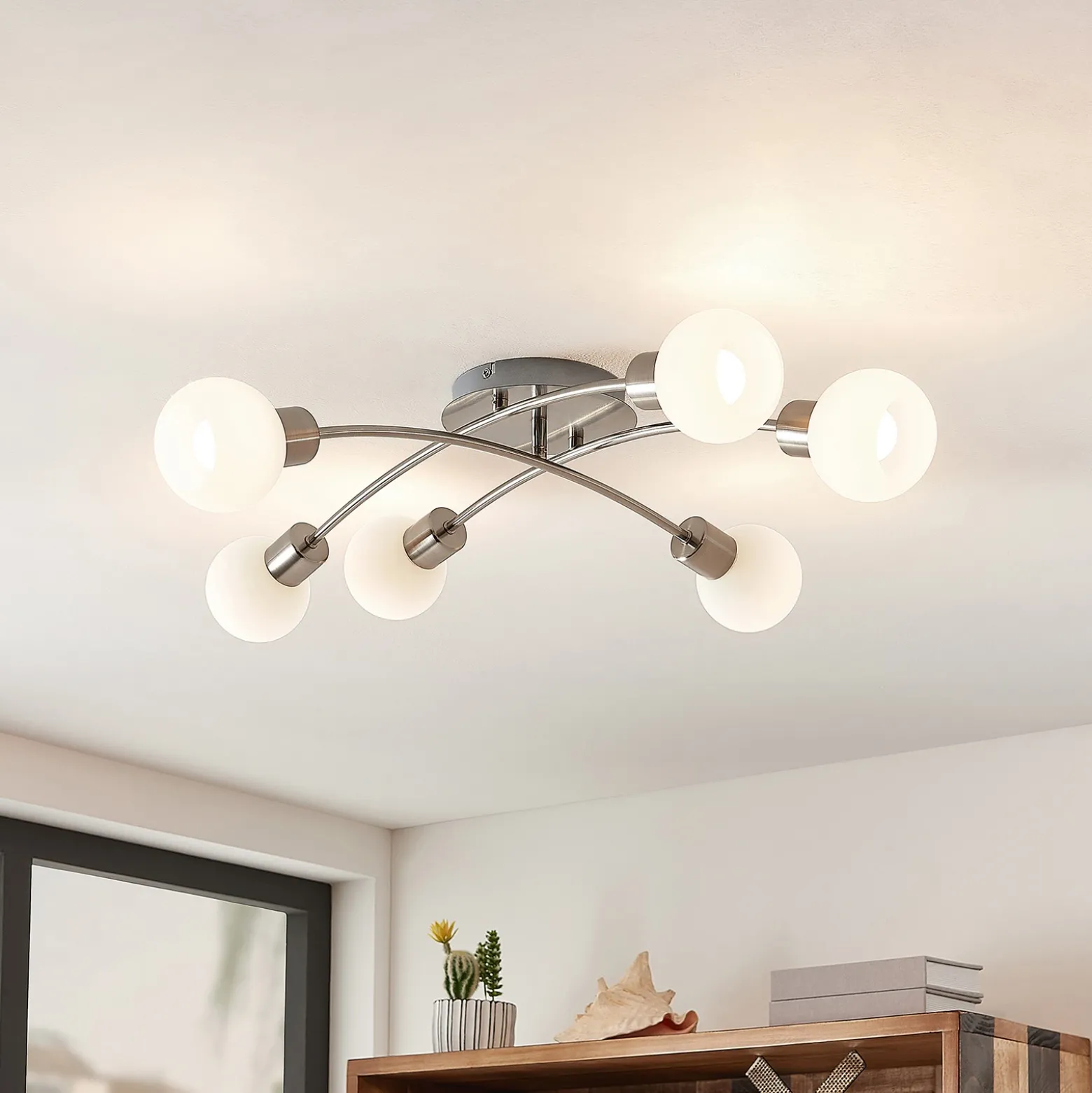 Plafón Lindby Agmar, color níquel, cristal, 6 luces, E14