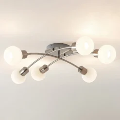 Plafón Lindby Agmar, color níquel, cristal, 6 luces, E14