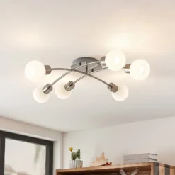 Plafón Lindby Agmar, color níquel, cristal, 6 luces, E14