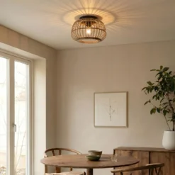 Plafón Lindby Bominio, Ø 40 cm, ratán, madera, E27