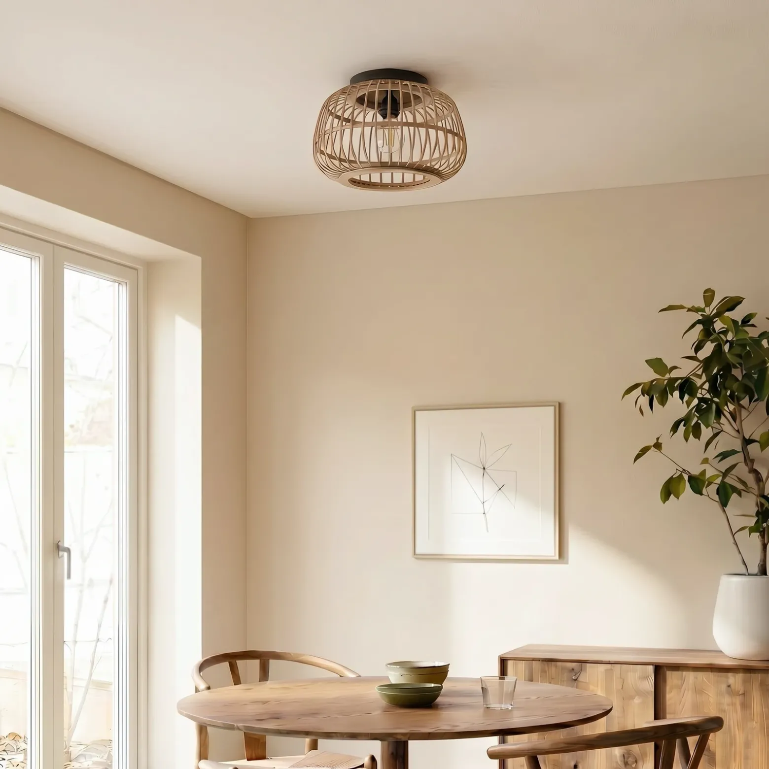 Plafón Lindby Bominio, Ø 40 cm, ratán, madera, E27
