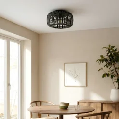 Plafón Lindby Canyana, negro, ratán, Ø 40 cm