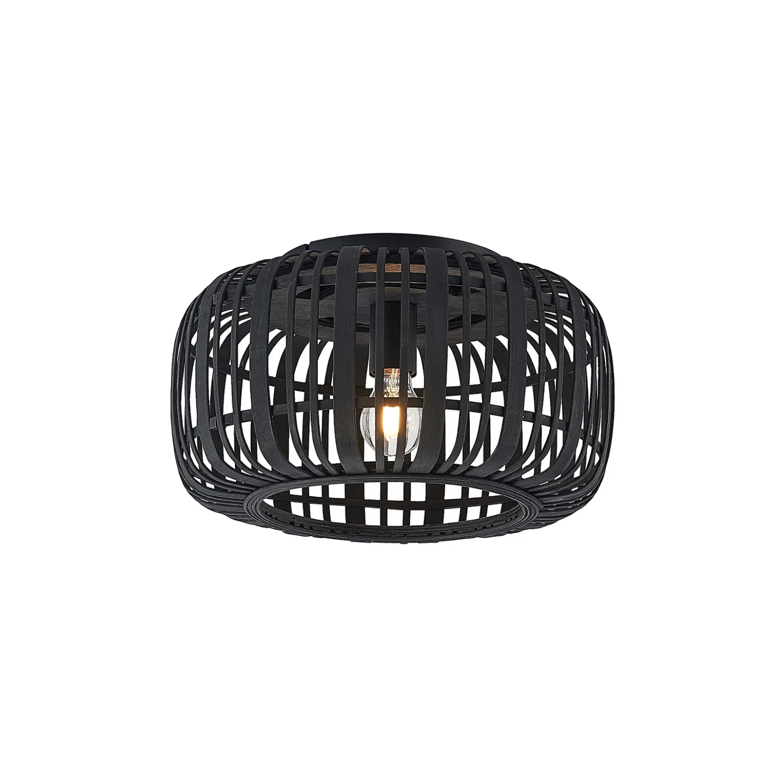 Plafón Lindby Canyana, negro, ratán, Ø 40 cm