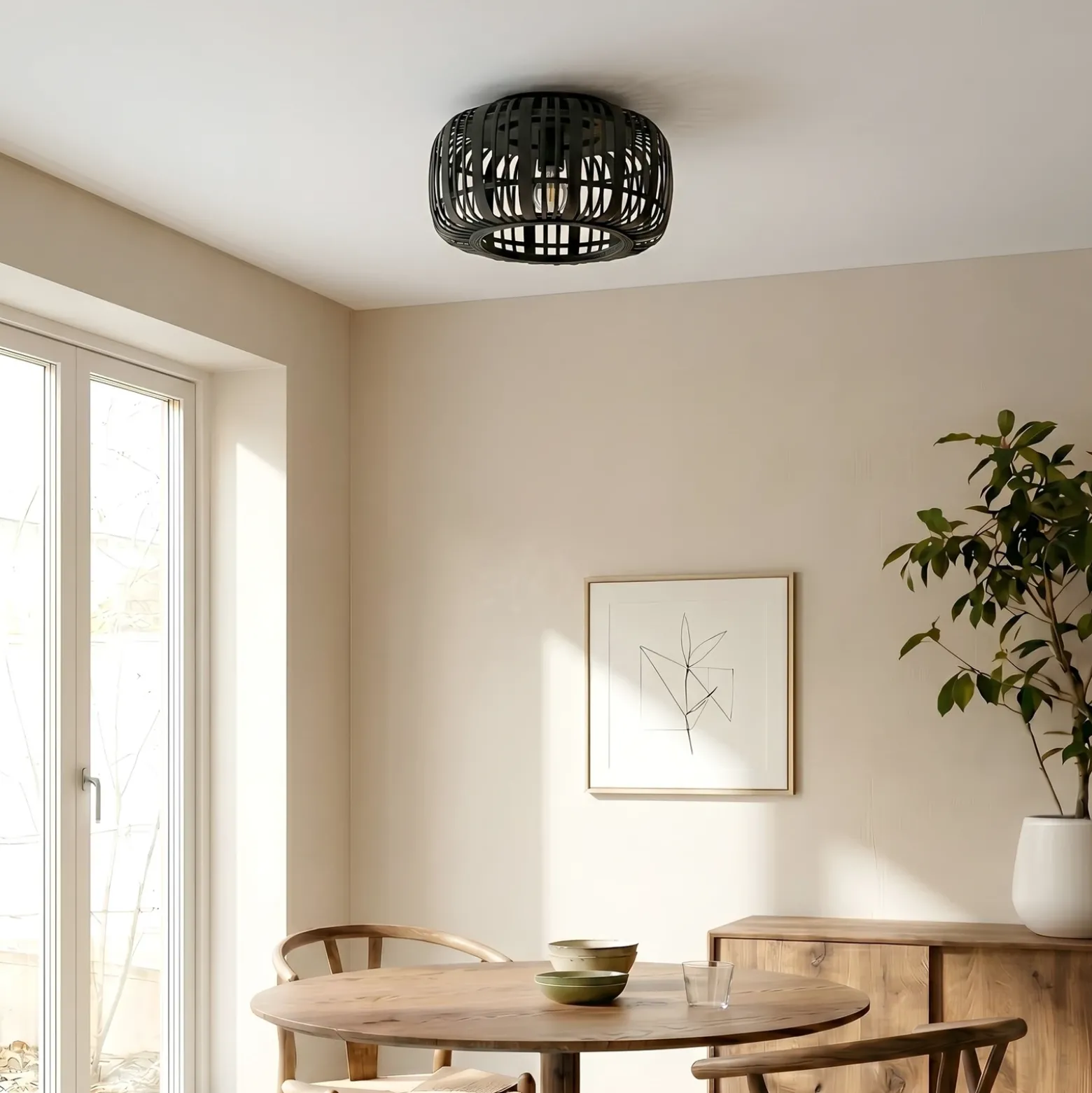 Plafón Lindby Canyana, negro, ratán, Ø 40 cm