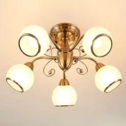 Plafón Lindby Corentin, 5 luces, blanco/latón, cristal
