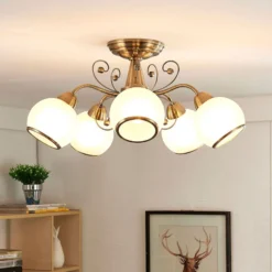 Plafón Lindby Corentin, 5 luces, blanco/latón, cristal