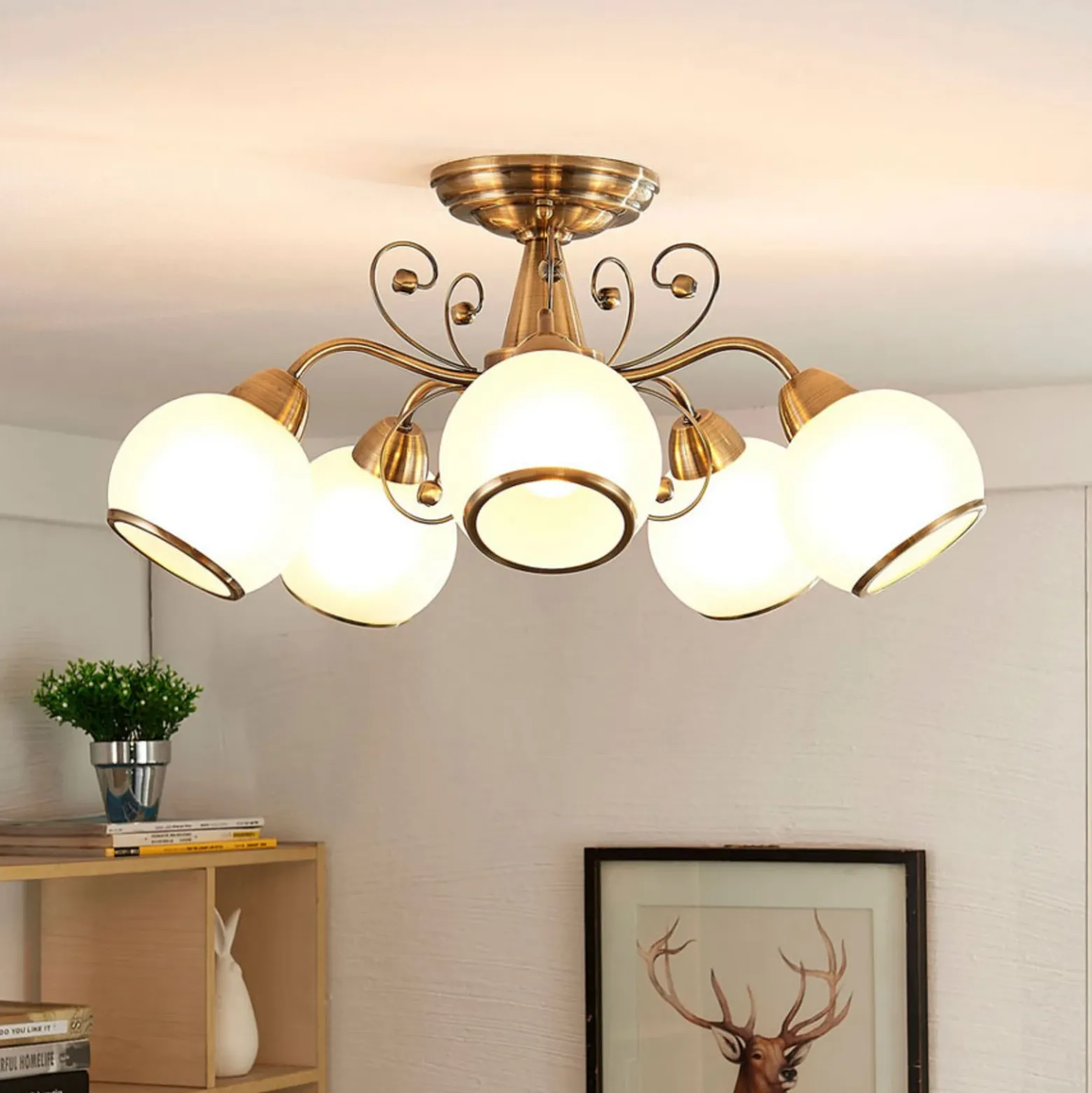 Plafón Lindby Corentin, 5 luces, blanco/latón, cristal