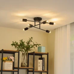 Plafón Lindby Estar, negro, de metal, 6 luces, Ø 56 cm
