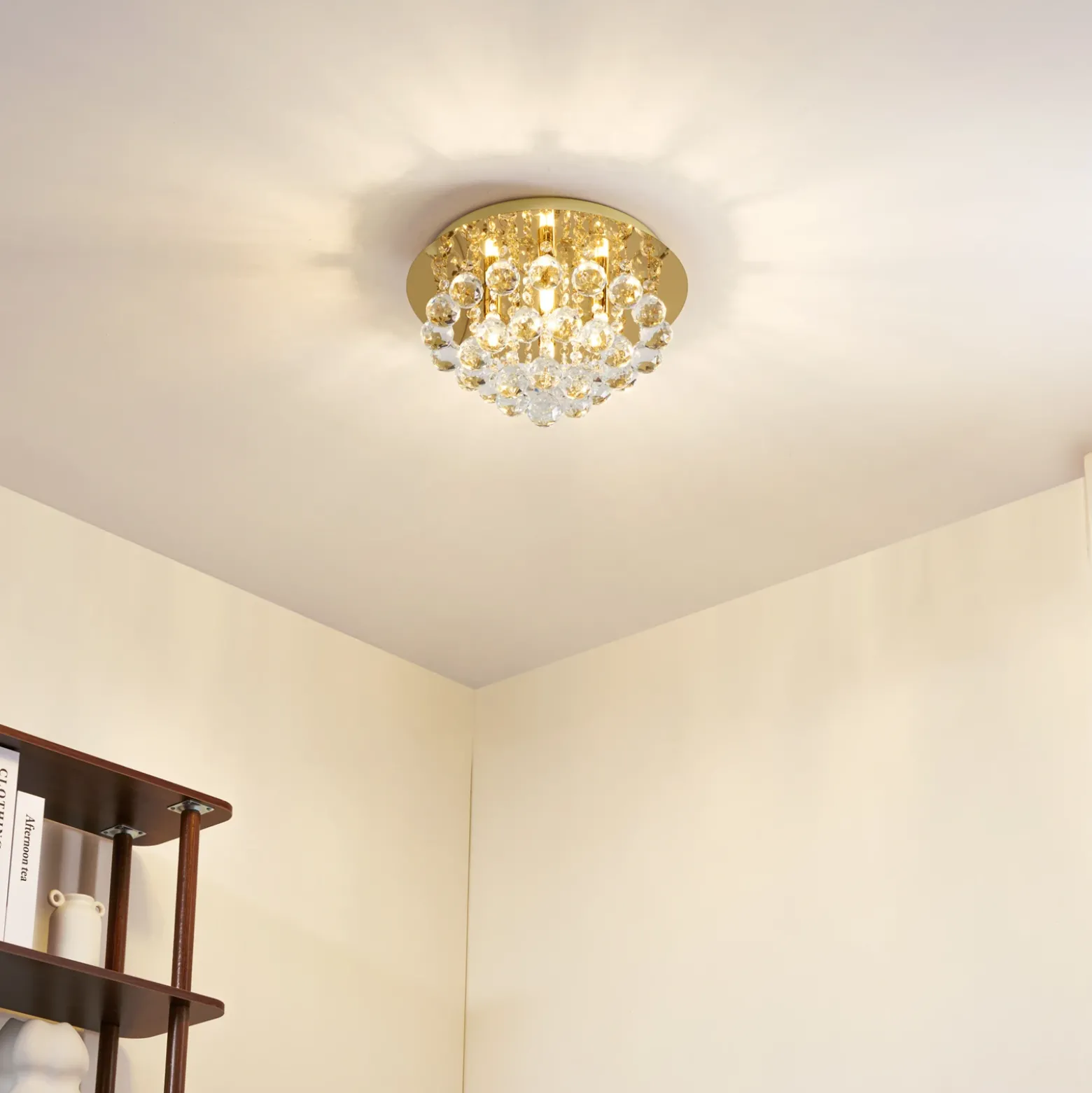 Plafón Lindby Gillion, 4 luces, dorada, cristal, Ø 35 cm