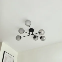 Plafón Lindby Isamer, gris humo, Ø 80 cm, globo