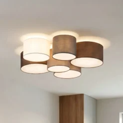 Plafón Lindby Laurenz, 6 luces, gris/marrón, textil