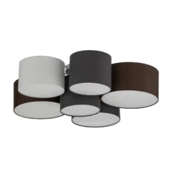Plafón Lindby Laurenz, 6 luces, gris/marrón, textil