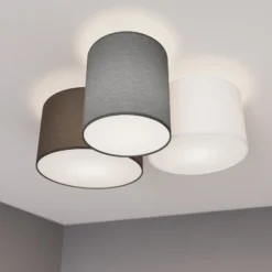 Plafón Lindby Laurenz, 3 luces, gris/marrón, textil