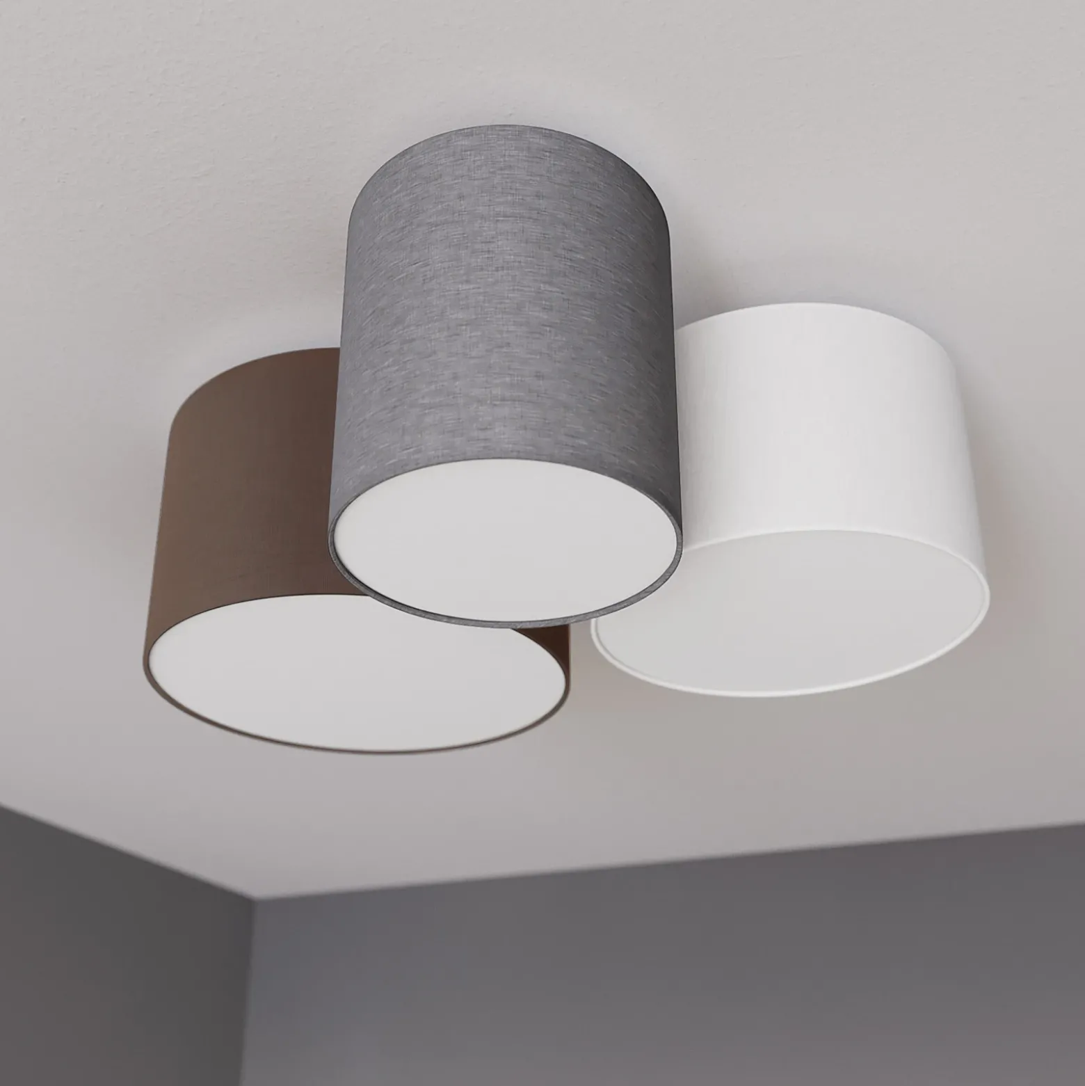 Plafón Lindby Laurenz, 3 luces, gris/marrón, textil