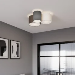 Plafón Lindby Laurenz, 3 luces, gris/marrón, textil