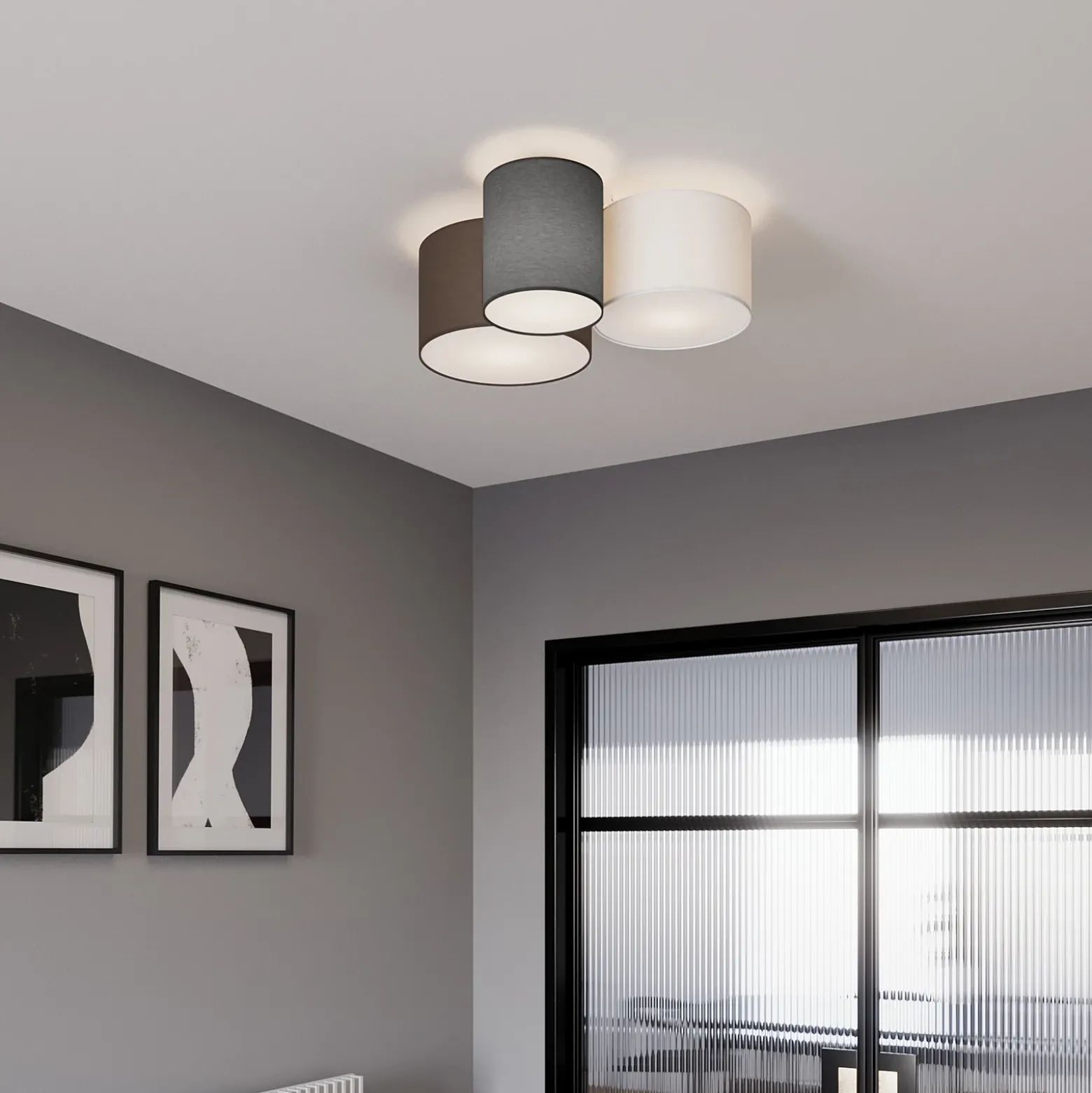 Plafón Lindby Laurenz, 3 luces, gris/marrón, textil