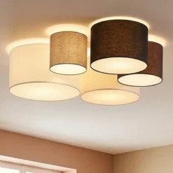 Plafón Lindby Laurenz, 5 luces, marrón/beige, textil