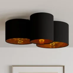 Plafón Lindby Laurenz, 3 luces, negro/dorado, textil