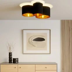 Plafón Lindby Laurenz, 3 luces, negro/dorado, textil