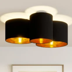 Plafón Lindby Laurenz, 3 luces, negro/dorado, textil