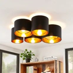 Plafón Lindby Laurenz, 5 luces, negro/dorado, textil