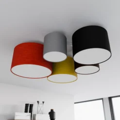 Plafón Lindby Laurenz, 5 luces, rojo/amarillo, textil