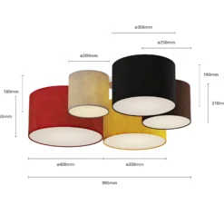 Plafón Lindby Laurenz, 5 luces, rojo/amarillo, textil