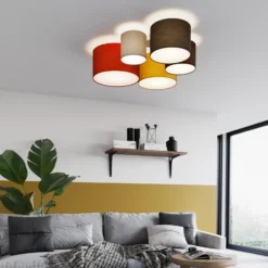Plafón Lindby Laurenz, 5 luces, rojo/amarillo, textil