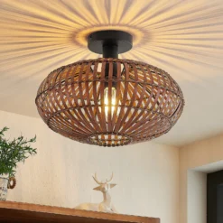 Plafón Lindby Majeora, Ø 40 cm, marrón, bambú