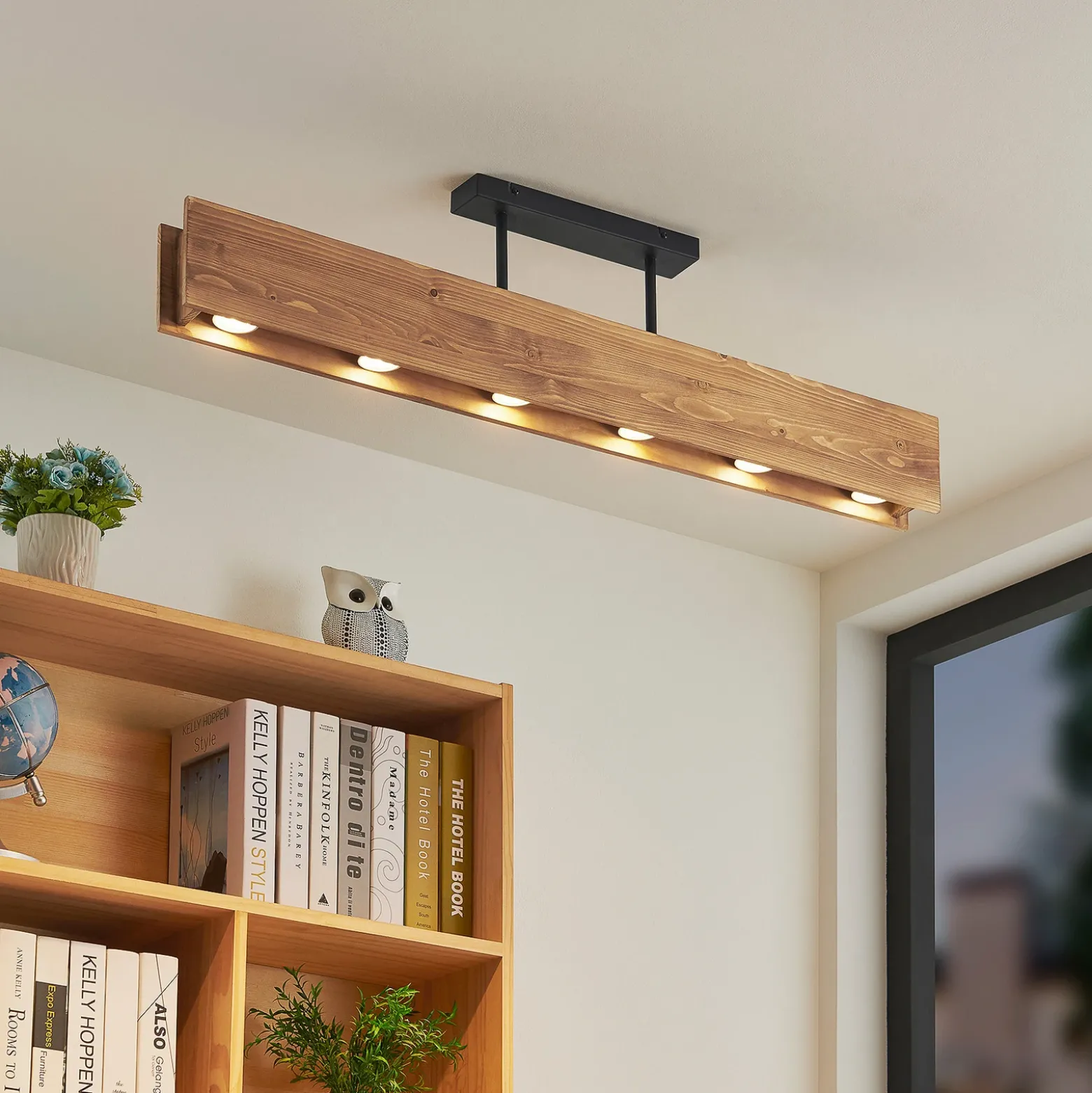 Plafón Lindby Malwin, GU10, 100 cm de largo, 6 luces, madera
