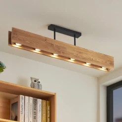Plafón Lindby Malwin, GU10, 100 cm de largo, 6 luces, madera