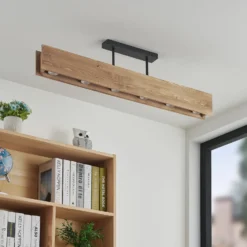 Plafón Lindby Malwin, GU10, 100 cm de largo, 6 luces, madera