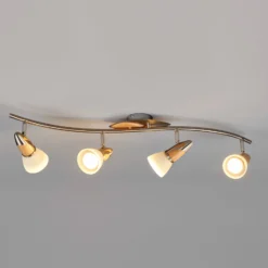 Plafón Lindby Marena, 4 luces, cristal, madera, 83 cm de largo