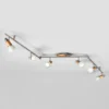 Plafón Lindby Marena, 6 luces, cristal, madera, 180 cm de largo