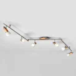 Plafón Lindby Marena, 6 luces, cristal, madera, 180 cm de largo