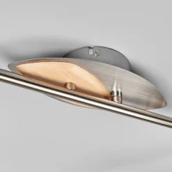Plafón Lindby Marena, 6 luces, cristal, madera, 180 cm de largo