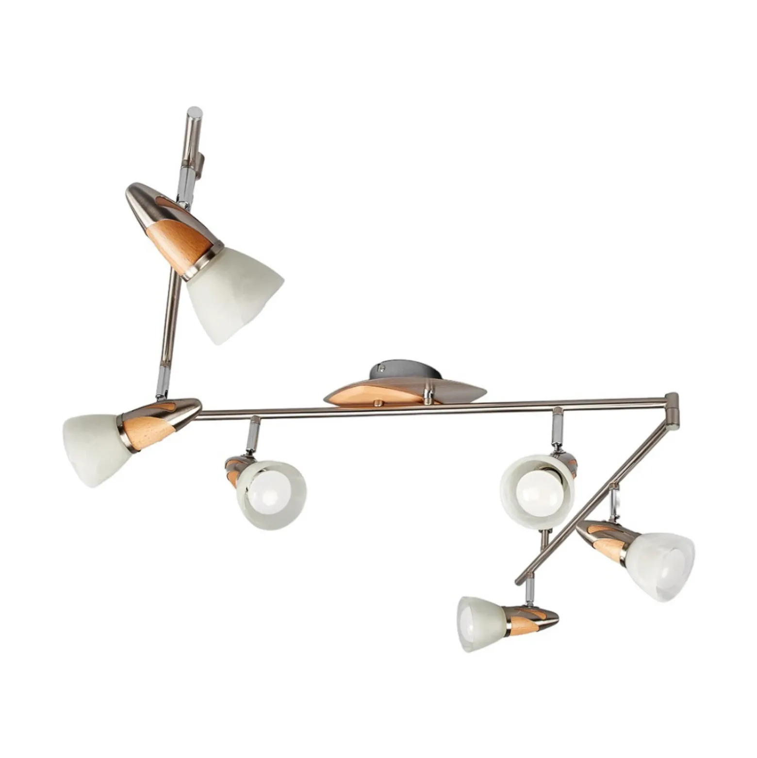 Plafón Lindby Marena, 6 luces, cristal, madera, 180 cm de largo