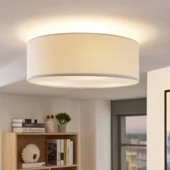 Plafón Lindby Mariat, blanco, lino, Ø 45 cm, E27
