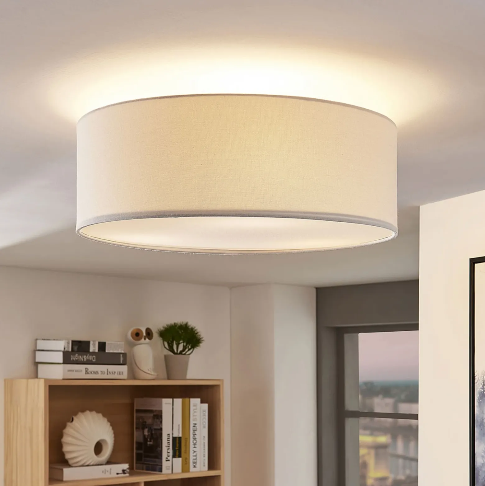 Plafón Lindby Mariat, blanco, lino, Ø 45 cm, E27